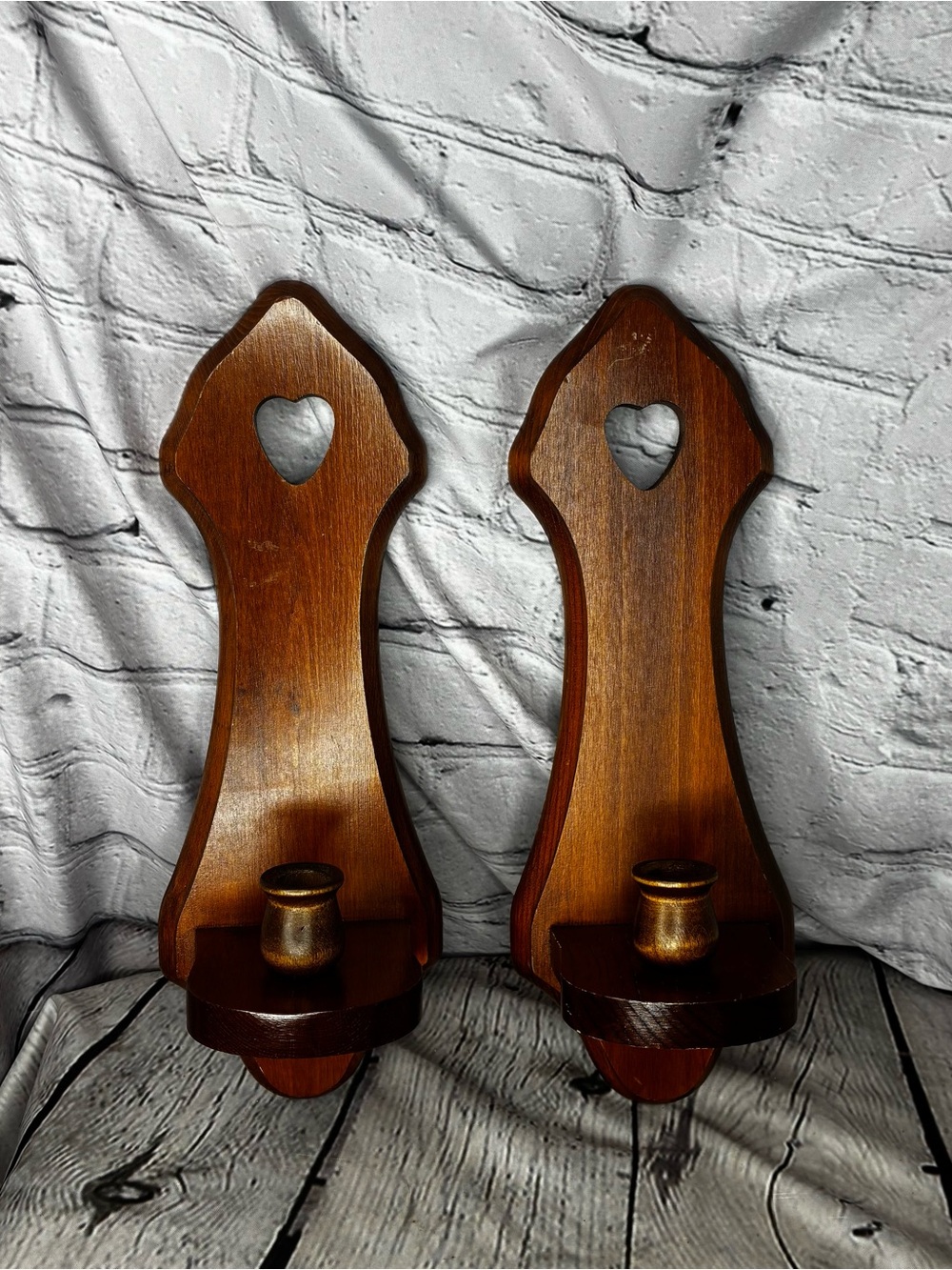 2 PC 15” Vtg Wall Dark Wood Sconce Candle Holders Cottagecore Hearts Farmhouse